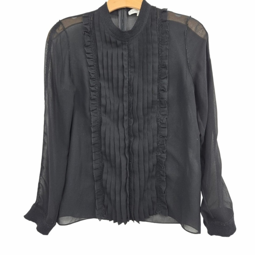 Sandro Blouse Size Medium Black Chiffon Pleated High Neck Long Sleeve